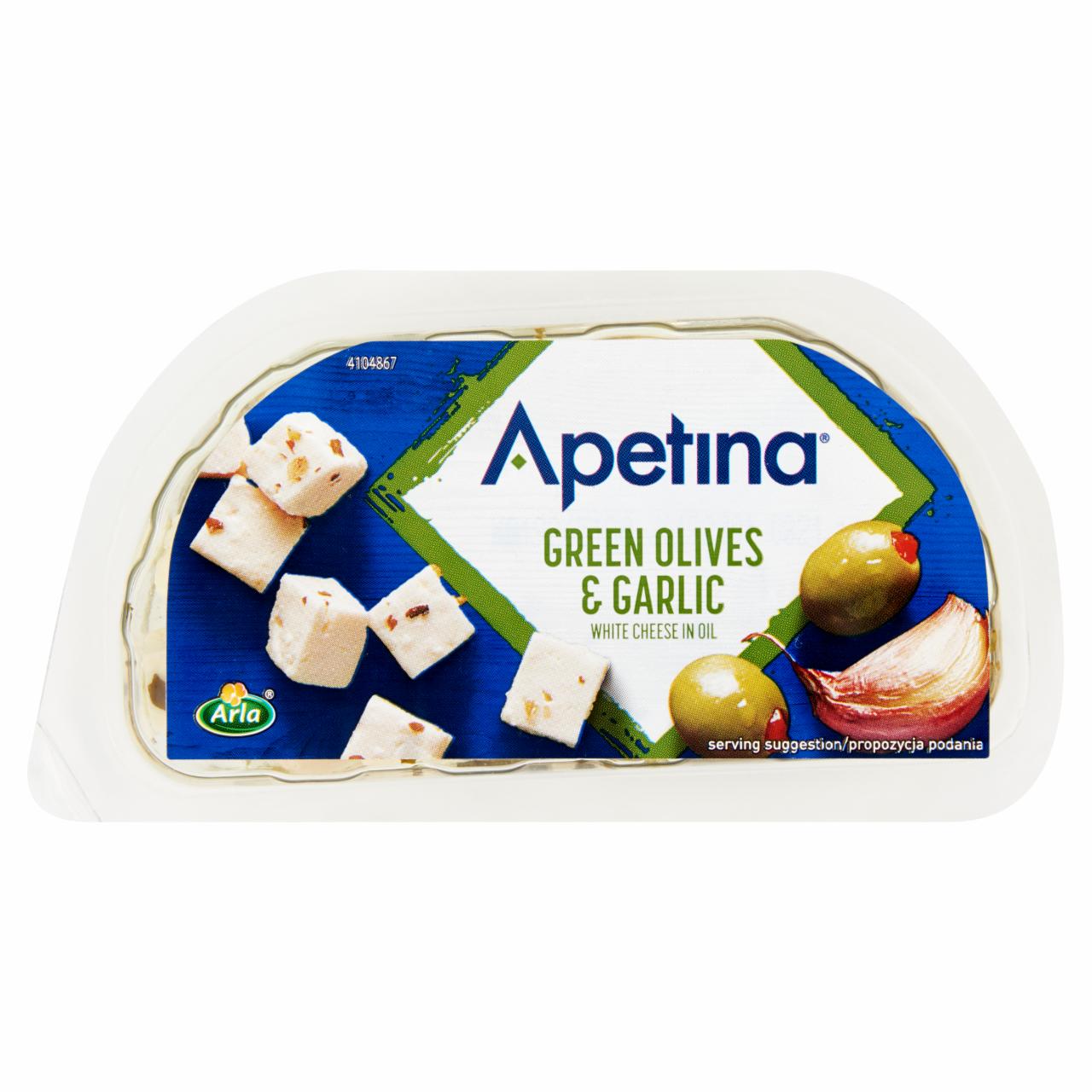 Photo - Apetina Green Olives & Garlic Snack Pack in Oil 100 g